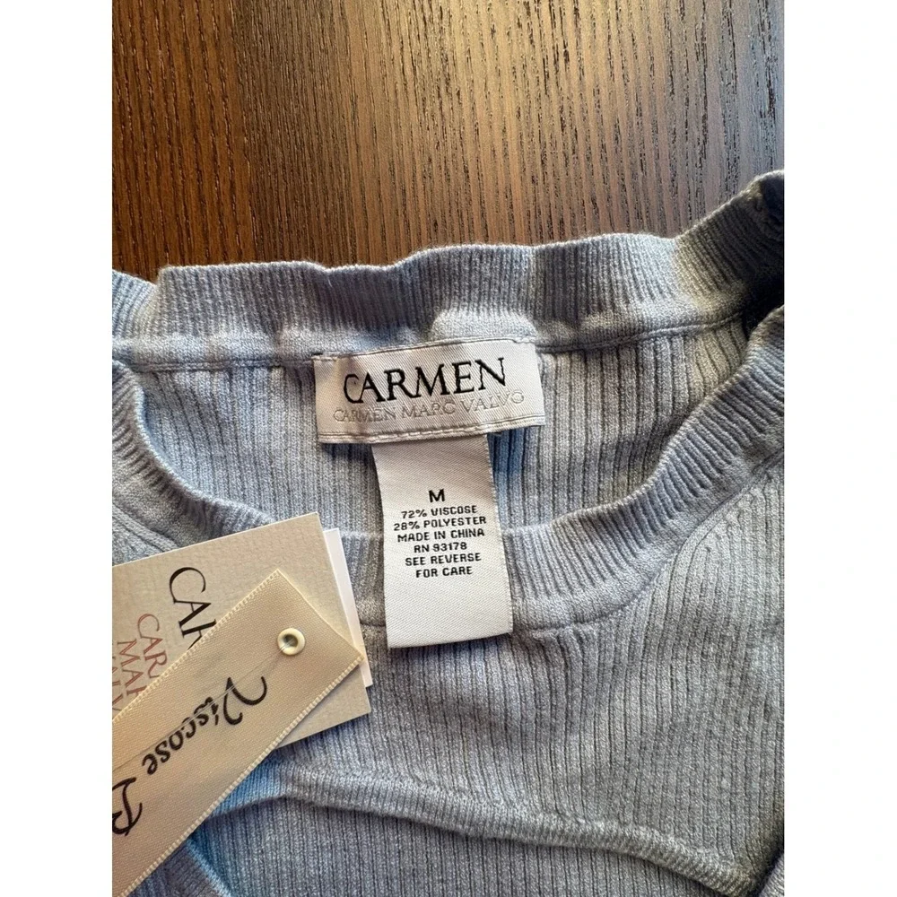 Carmen Marc Valvo Womens Light Blue Ribbed Cutout Neck Knit Top NWT - Picture 3 of 11